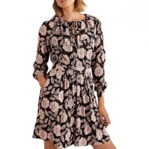 Boden Floral Dress with Black and Gold Metallic - Notch Neck Ruffle Long Sleeve